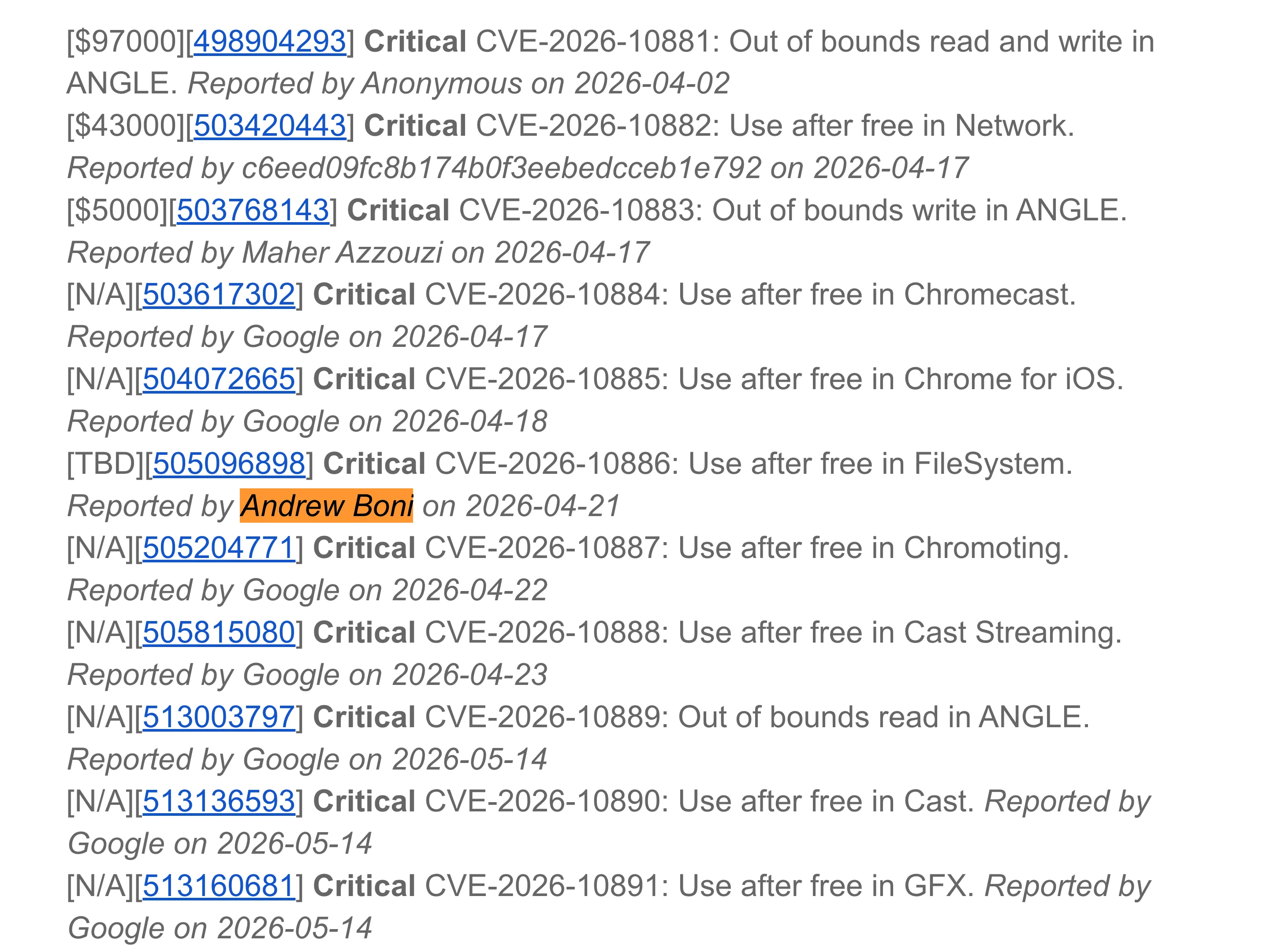 The June 2 stable bulletin, listing eleven Critical CVEs, with CVE-2026-10886 credited to Andrew Boni